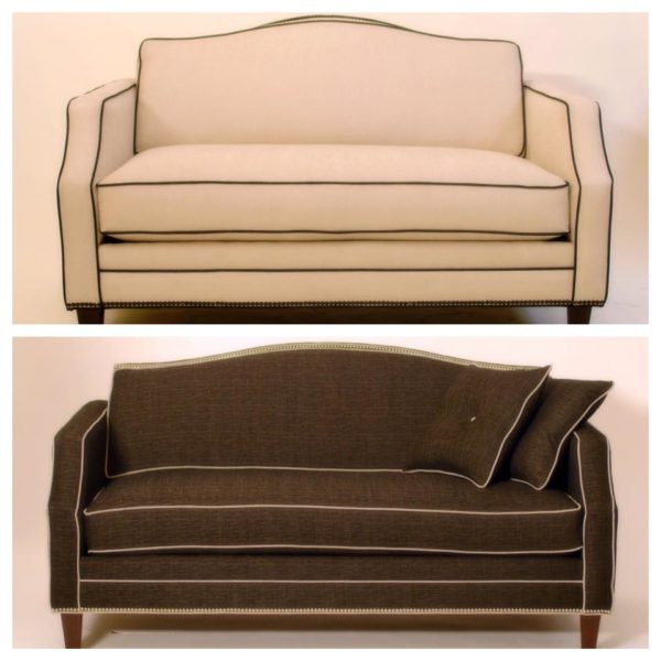 two sofas with contrasting trims and metal embellishments