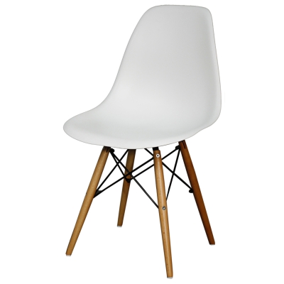 white curved chair with wooden base