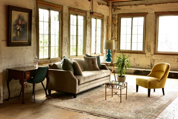 grey velvet sofa in a living room with decor