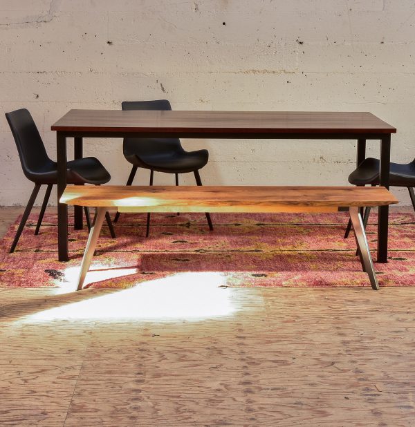 long wood and steel dining table, bench and chairs