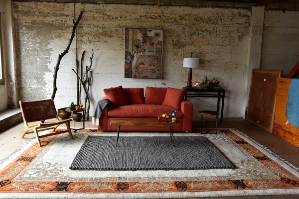 Red sofa in living room with decor
