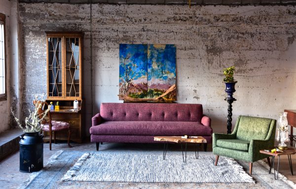 purple sofa and coffee table in living room