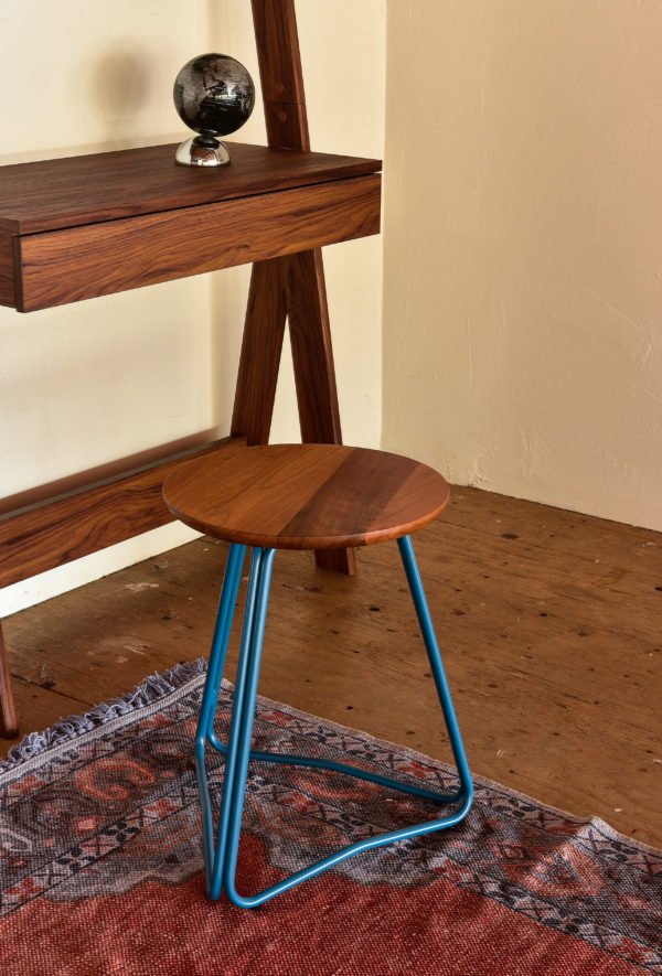 wooden stool with blue steel legs