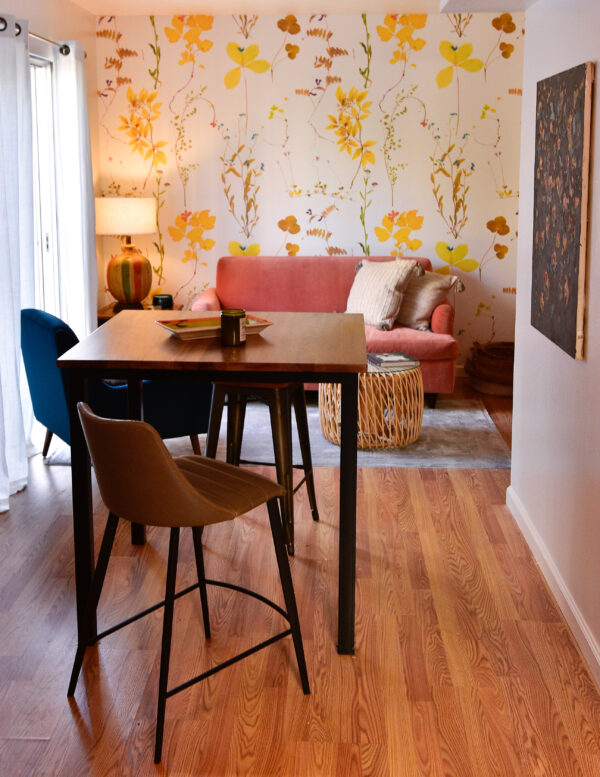 Tall table and stools in living room