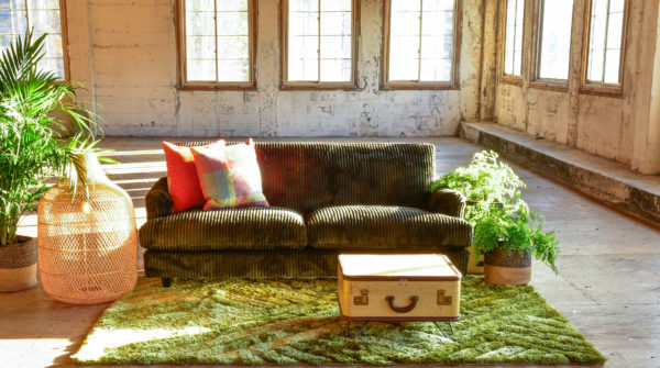 Green velvet sofa and decor in living room