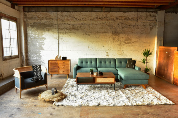 Sofa and coffee table in living room with decor